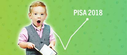 Resultat Pisa 2018 2019 Sverige visas i graf på grön bakgrund med förvånad elev